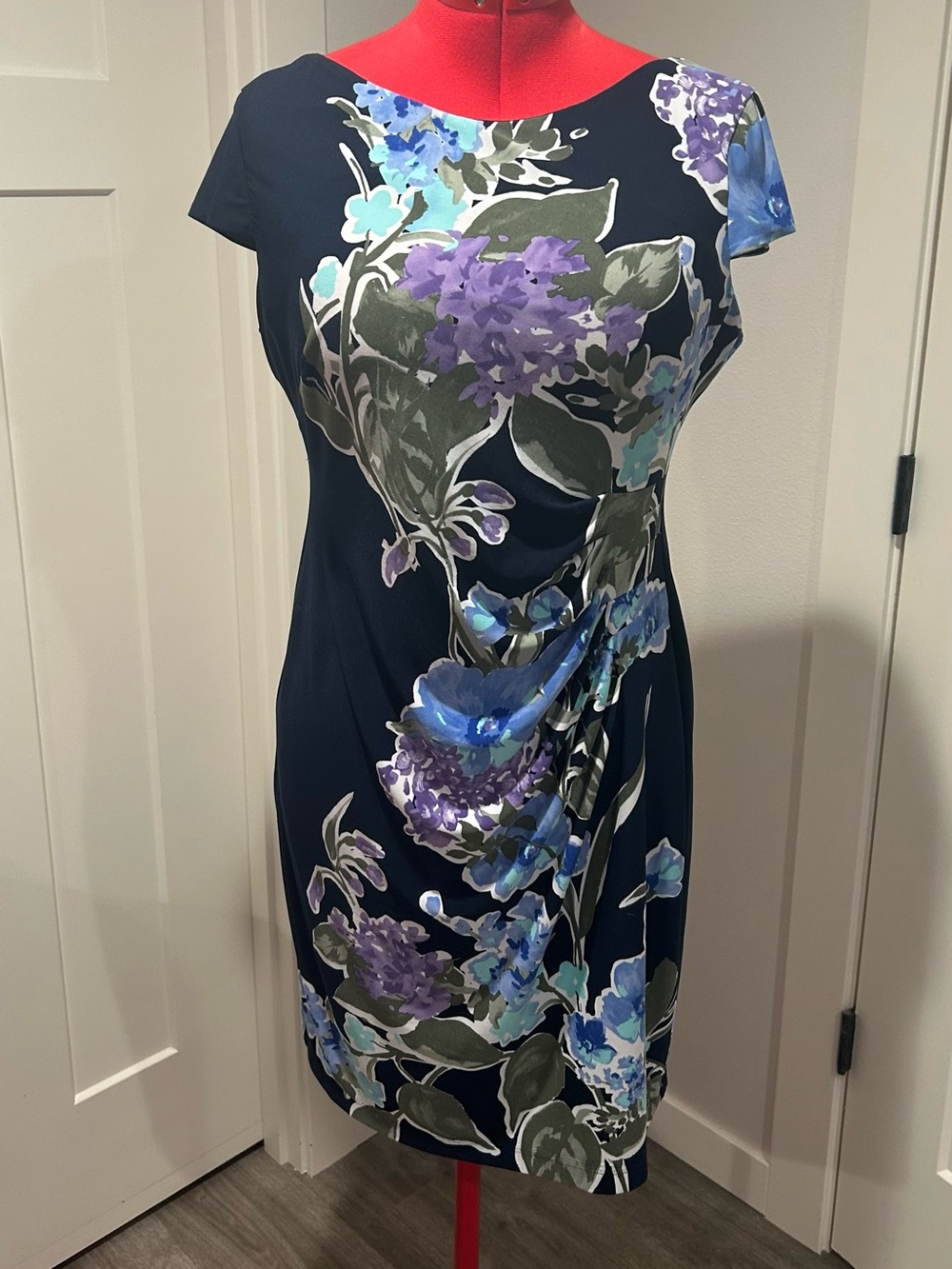 connected apparel Navy Floral Midi Dress with Purple & Lavender Blooms
